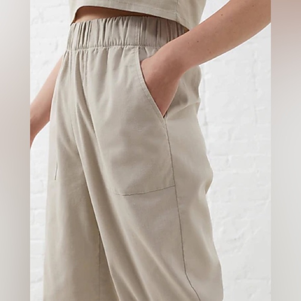 Etam Khaki Wide Leg Pull On Twill Pants Size M (fits like a S)